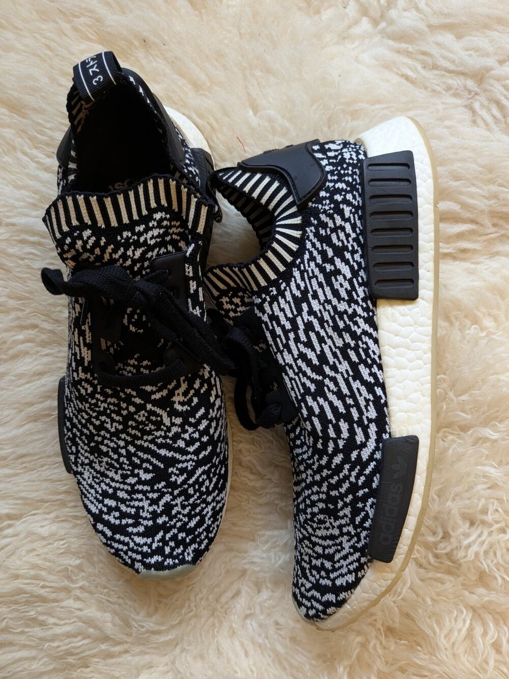 Size 13 Adidas NMD R1 Primeknit Zebra Black White Mens BY3013 Boost